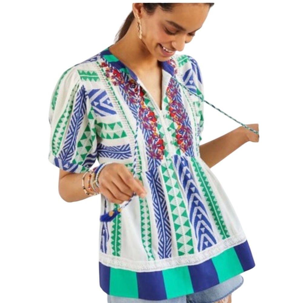 Verb by Pallavi Singhee Embroidered Tassel Tunic Top Blue Green White M‎
